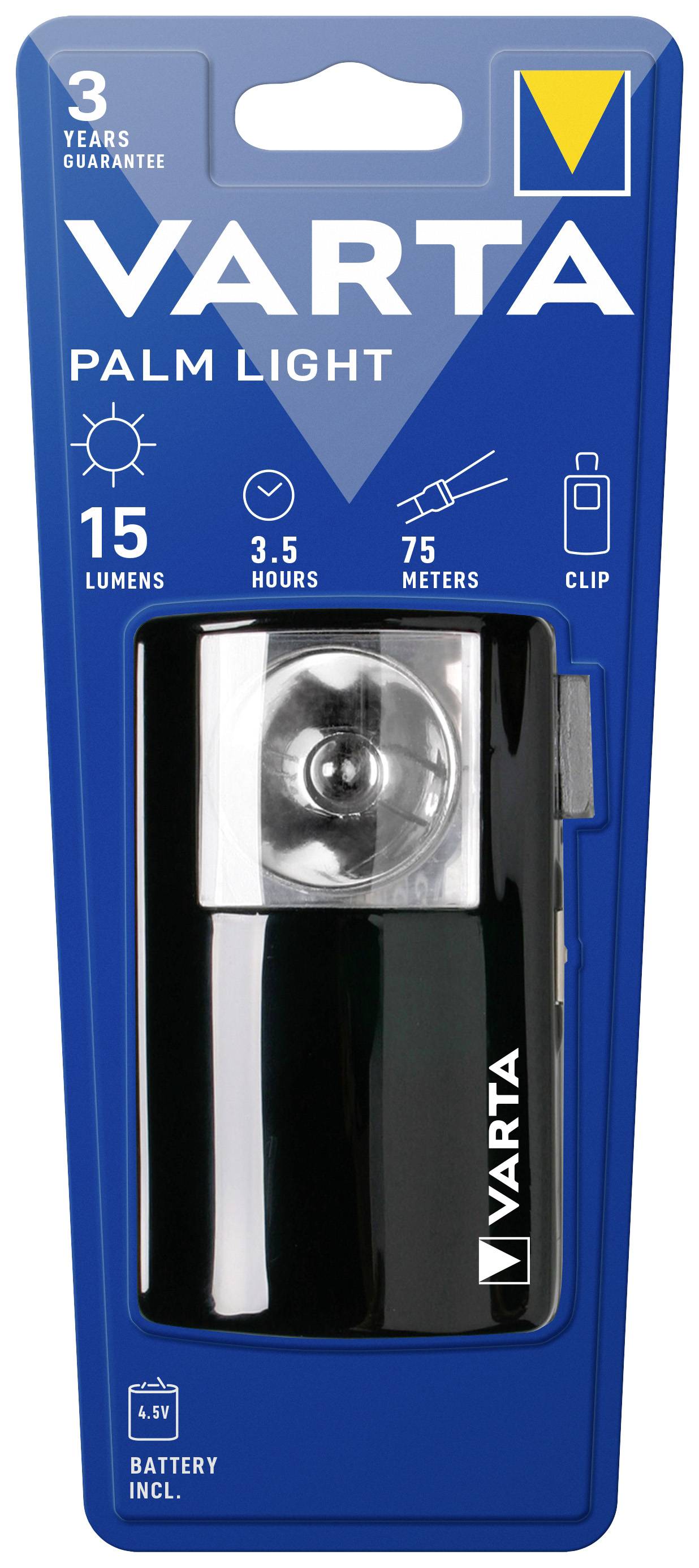 Balení kapesní svítilny Varta Palm Light se 15 lumeny, výdrží 3,5 hodiny, dosahem 75 metrů a klipem. Včetně baterie.