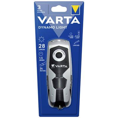 Balení VARTA Dynamo Light kapesní svítilny se 28 lumeny, dobou svícení 1,5 hodiny a dosahem až 24 metrů. Obsahuje šňůrku na zavěšení.