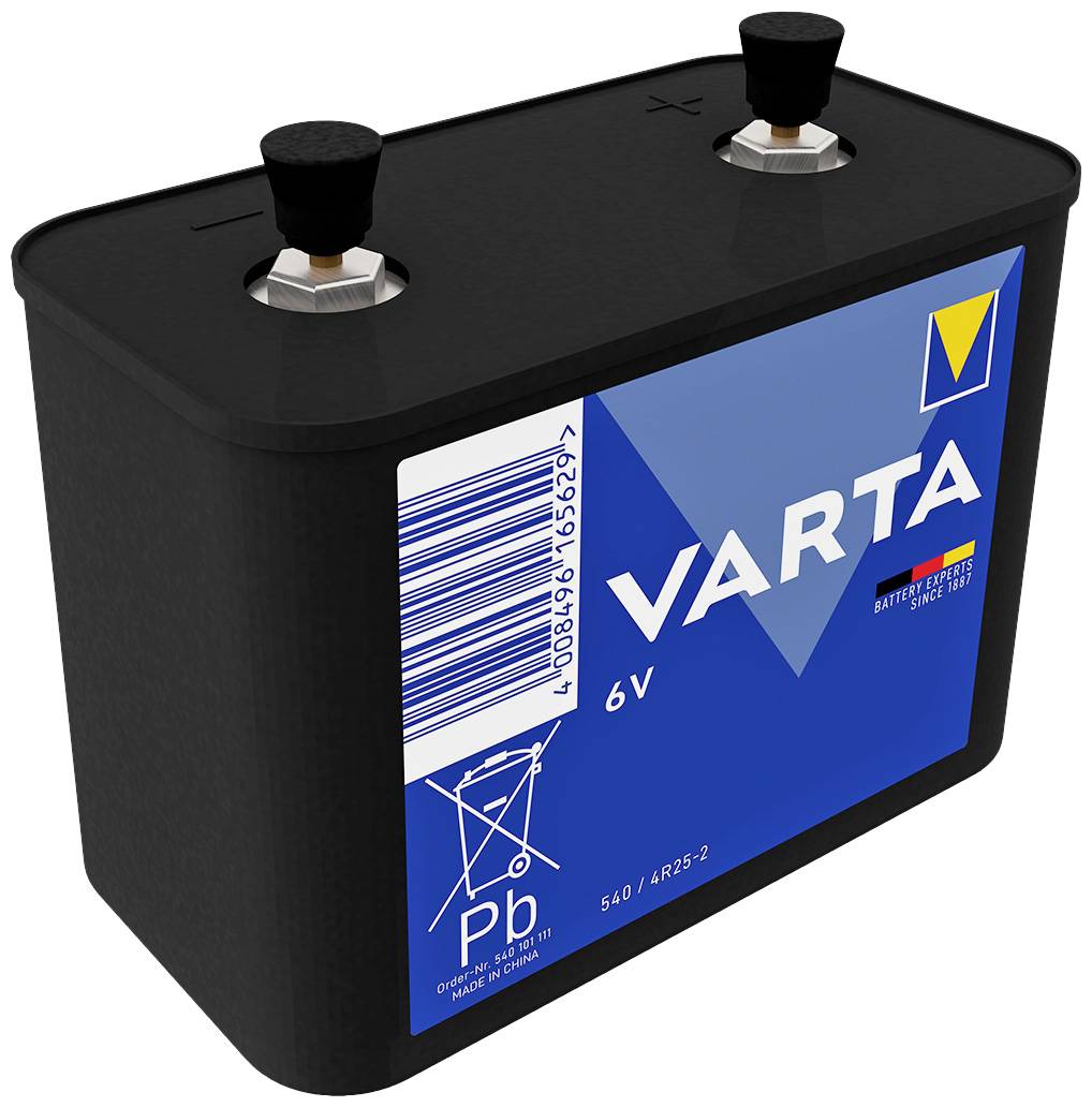 Černá 6V baterie s modrým štítkem. Nápis: 'VARTA', čárový kód a symbol olova. Vhodná pro určité elektrické přístroje.