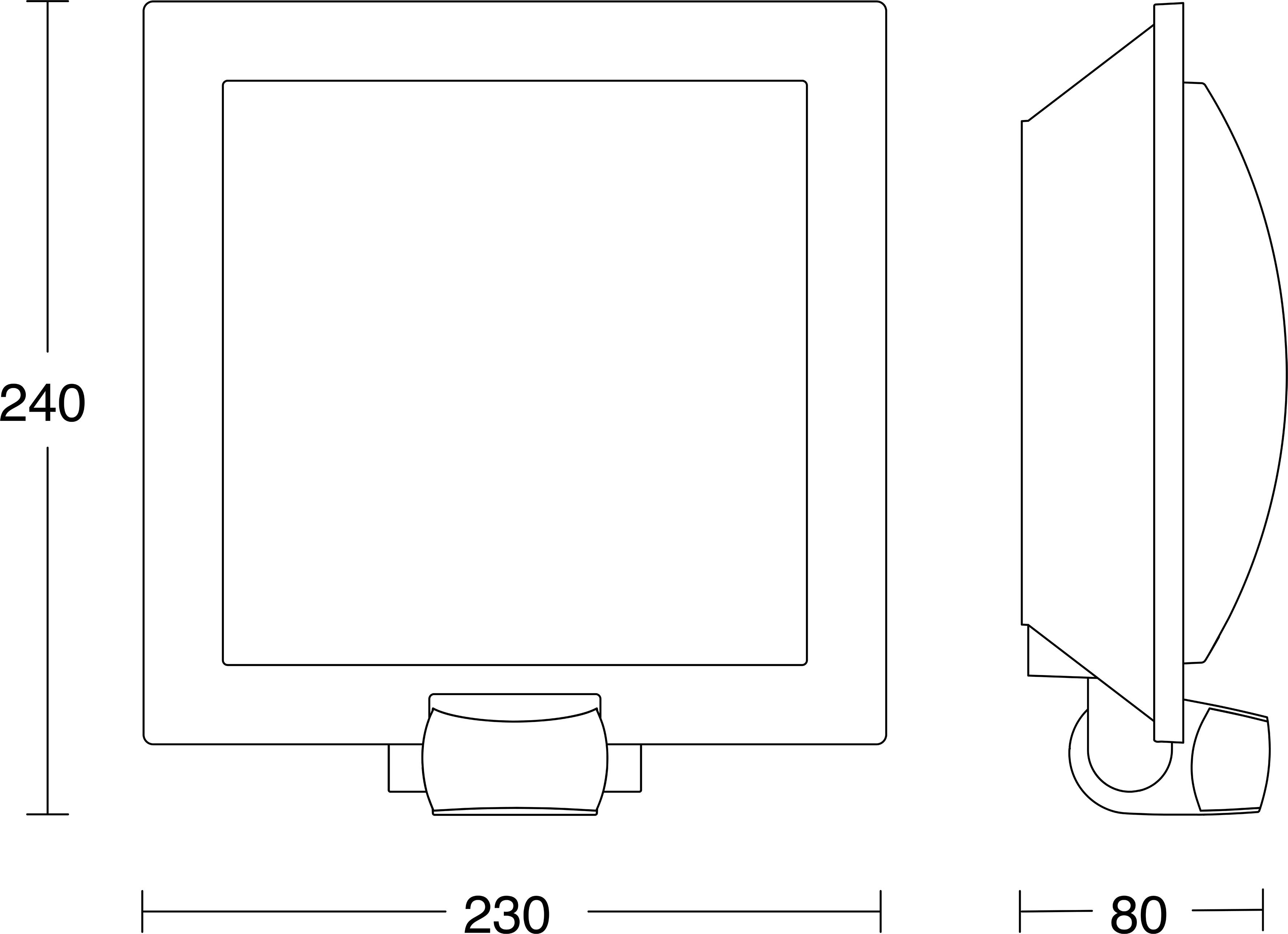 Technický nákres nástěnného přívěsu videný z přední a boční strany, ukazující rozměry 240 mm vysoký, 230 mm široký a 80 mm hluboký.