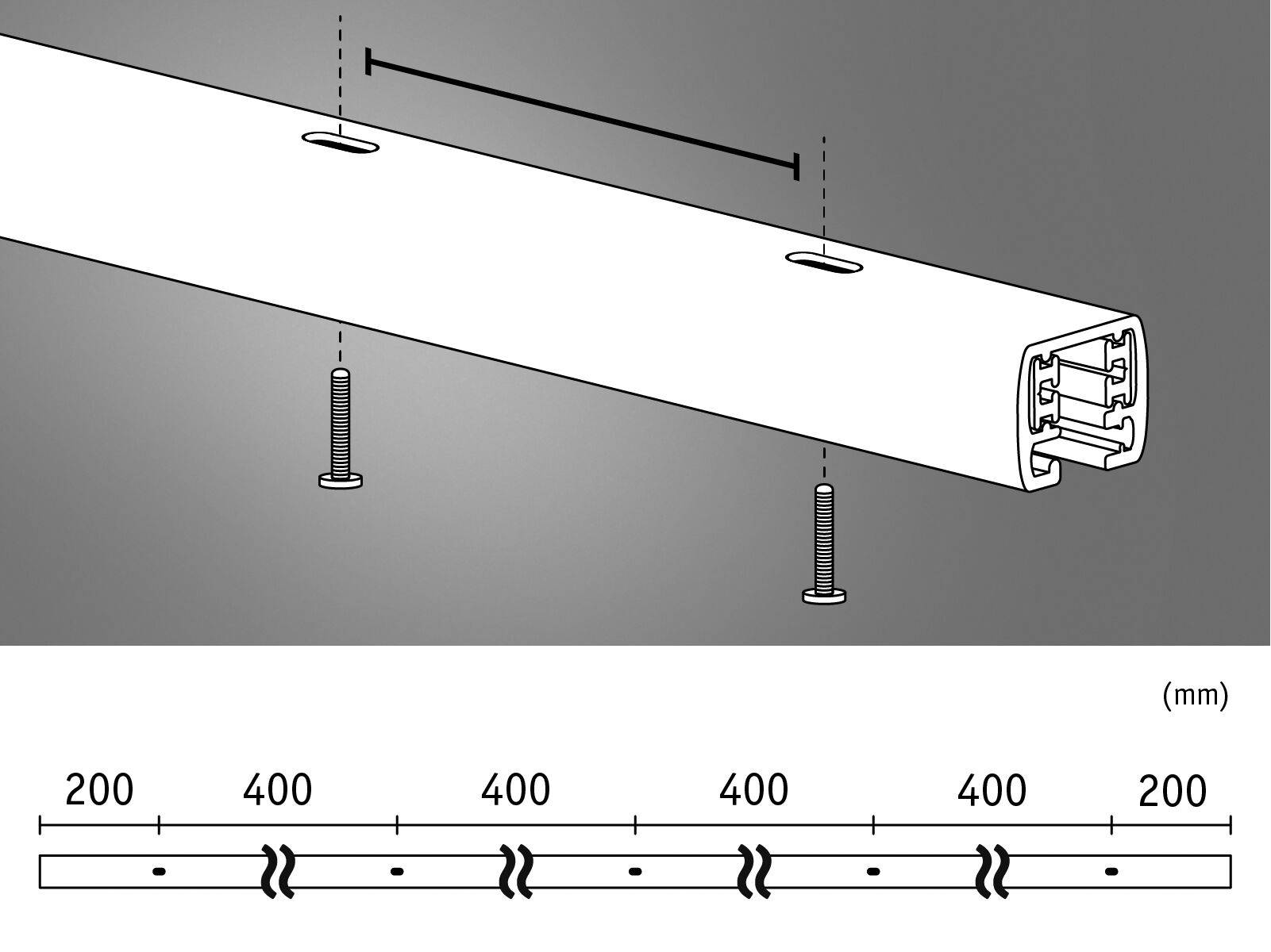 Diagram čtvercové trubky s otvory, šrouby a rozměry v milimetrech. Otvory ve vzdálenosti 400 mm, konce ve vzdálenosti 200 mm.