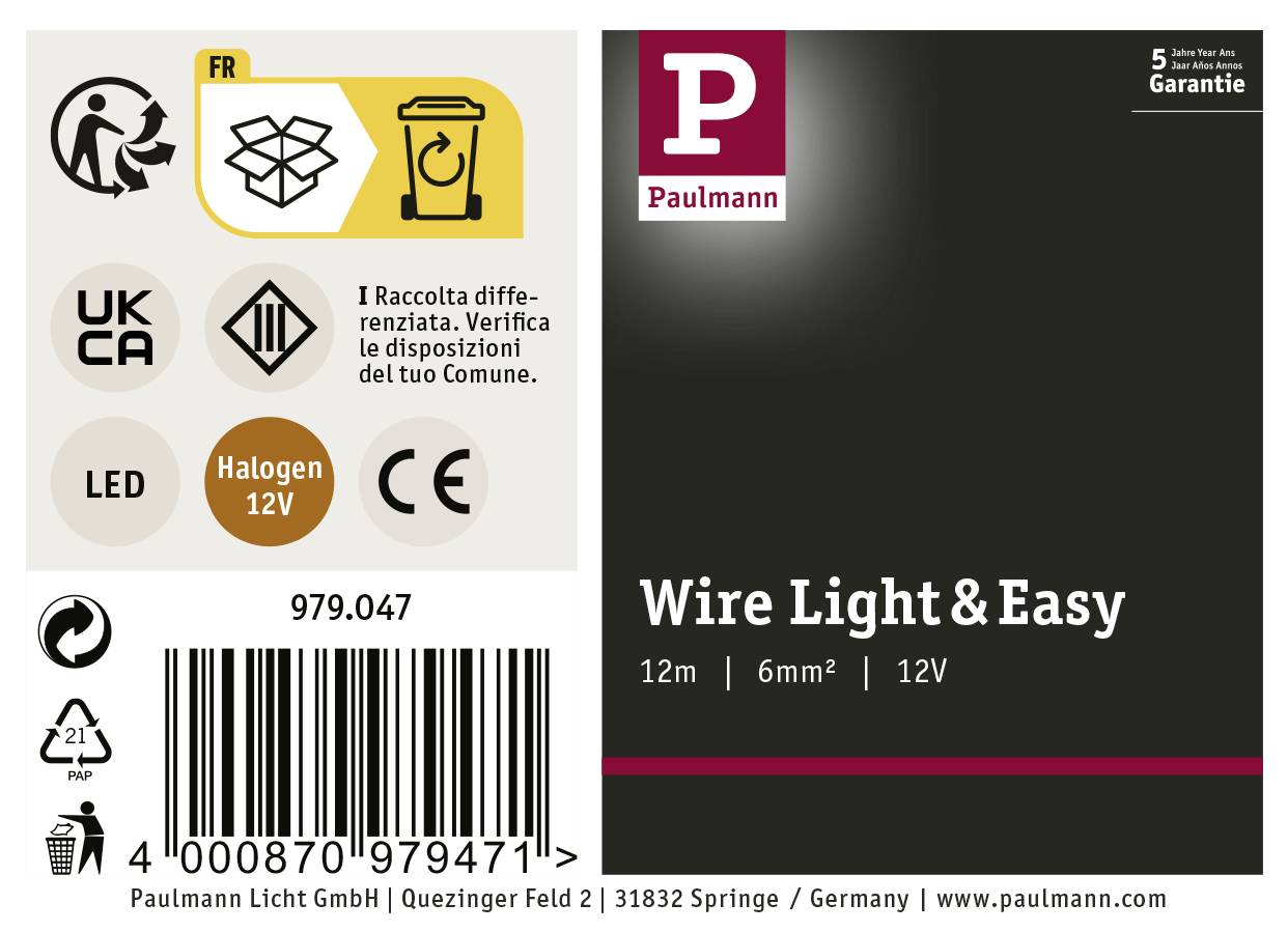 Etiketa obalu 'Paulmann' Wire Light & Easy: LED Halogen 12V, délka 12m, kabel 6mm². Vyhovuje předpisům EU a UK. Obsahuje pokyny k likvidaci a označení CE.