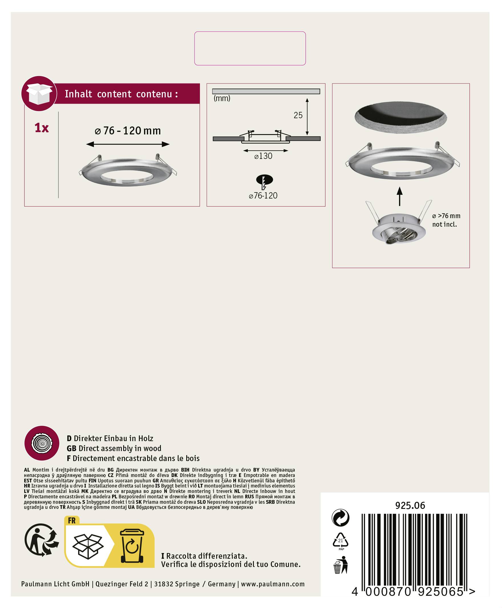 Obsah: 1x přímý zářič pro vestavbu do dřeva, průměr 76-120 mm. Včetně šroubů a návodu.