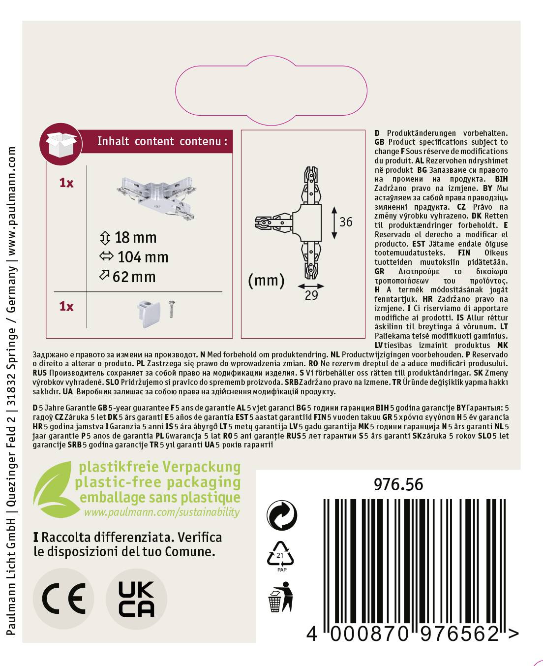 Zadní strana obalu výrobku. Obsahuje informace o obsahu (1x svítidlo, 1x upevnění), technické specifikace, informace o recyklaci, kontakt na výrobce a certifikace.