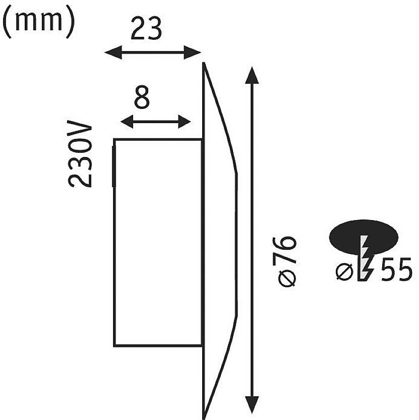 Technický výkres elektrického spínače. Rozměry: hloubka 23 mm, výška 76 mm, průměr otvoru 55 mm. Elektrické napětí: 230 V.