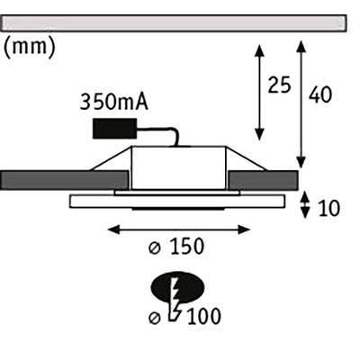 Schéma vestavného svítidla: rozměry maximální výška 40 mm, minimální vestavná hloubka 10 mm, průměr 150 mm, průměr otvoru 100 mm; proudová intenzita 350 mA.