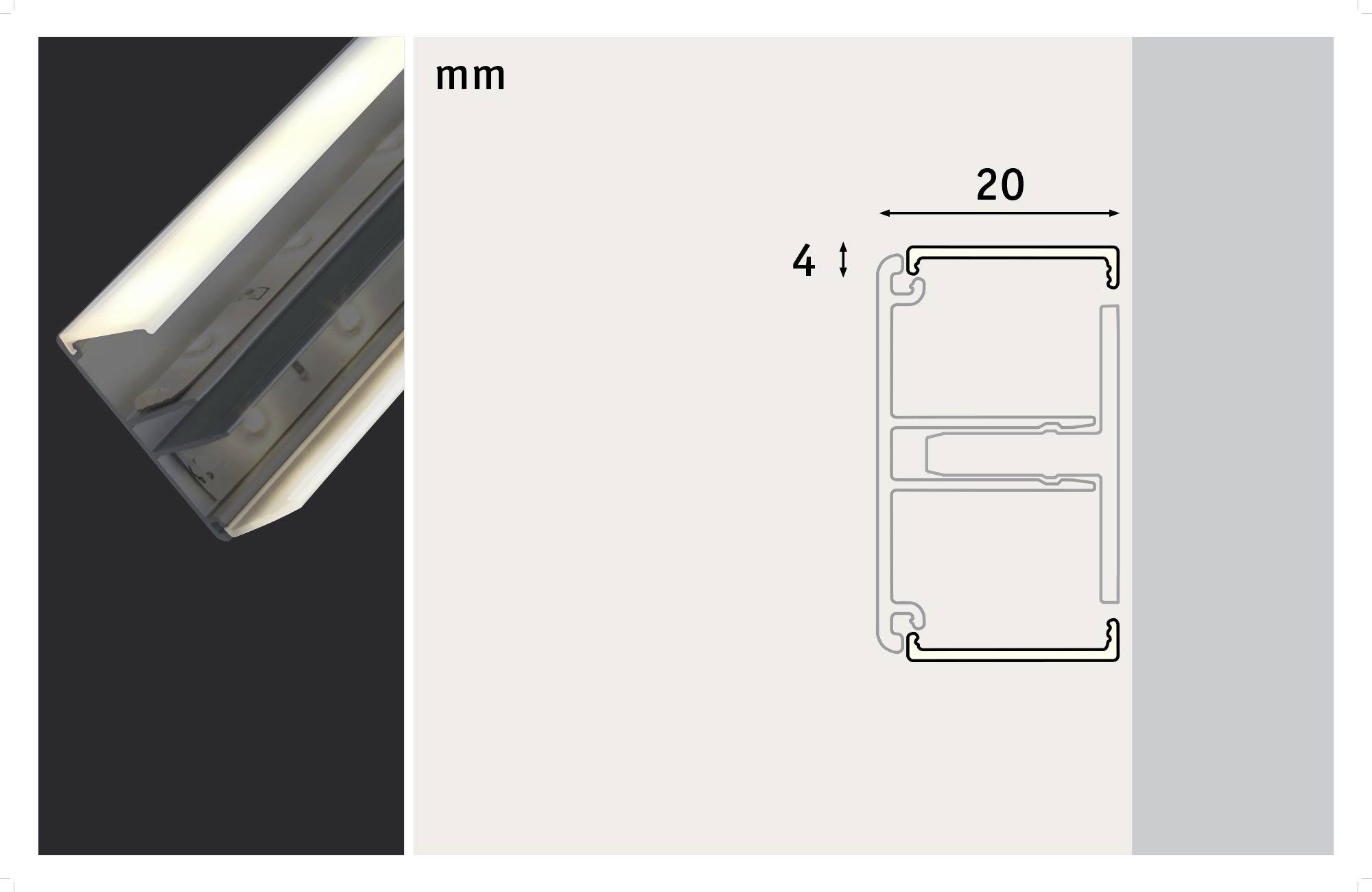 Výřez hliníkového profilu s rozměry: 20 mm šířky a 4 mm hloubky, před dvoubarevným pozadím.