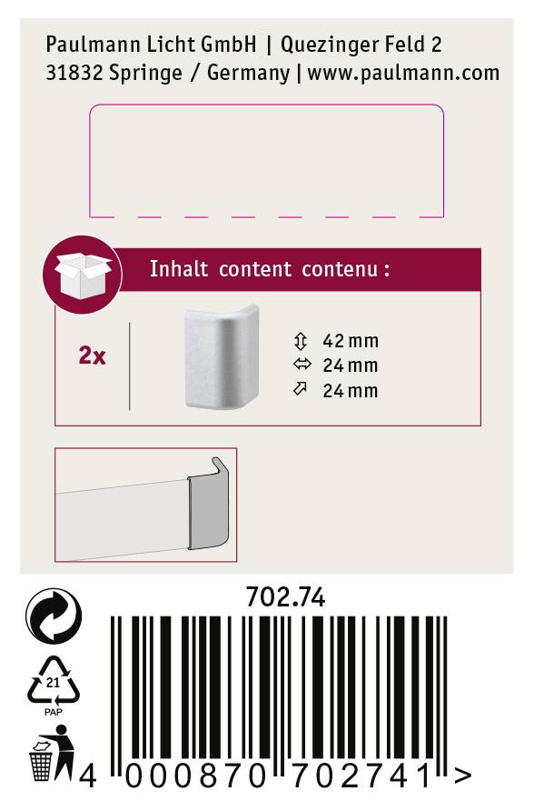 Etiketa obalu 'Paulmann Licht GmbH' se čtečkou čárových kódů, produktové informace: rohový díl, rozměry 42x24x24 mm, množství 2 kusy.