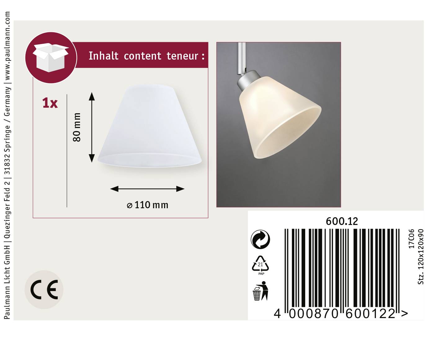 Skleněná lampa s bílým stínidlem, rozměry 80 mm x 110 mm. Balení obsahuje CE štítek a čárový kód.