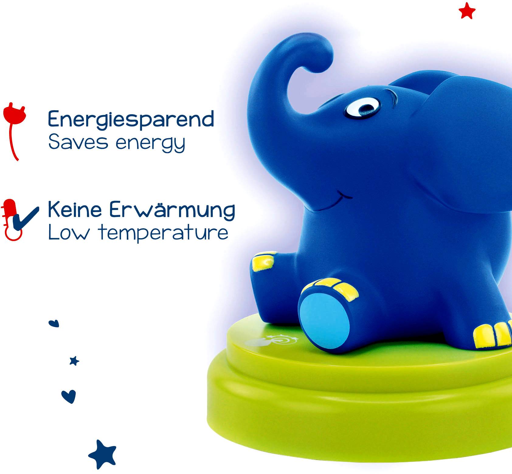 Modrý slon na zeleném podstavci s textem 'Energeticky úsporný, Žádné oteplování' v němčině a angličtině, ilustruje koncept úspory energie.