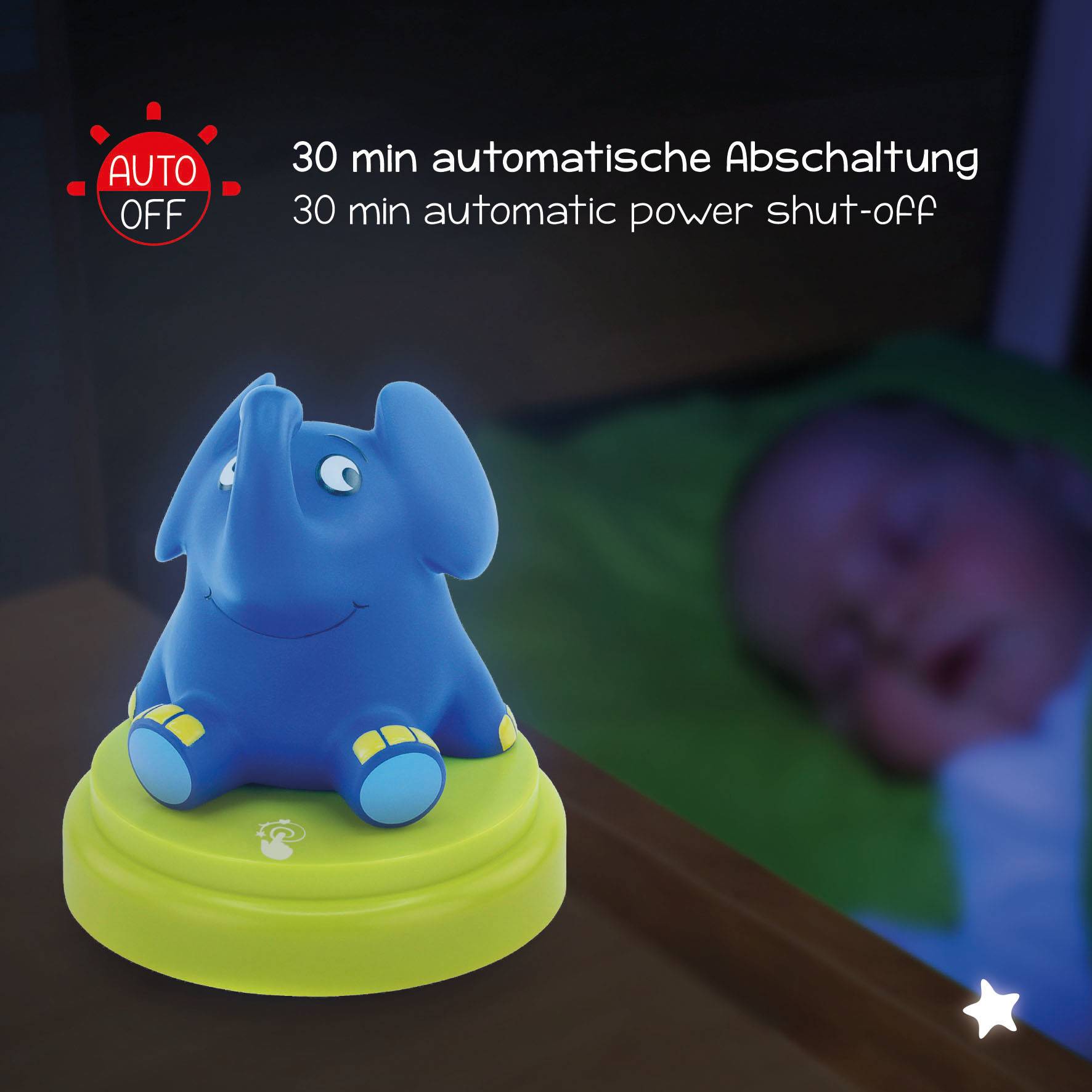 Noční světlo ve tvaru slona s automatickým vypnutím po 30 minutách. V pozadí je vidět spící dítě.