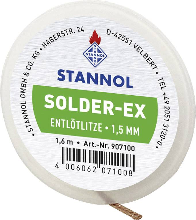 Odsávací lanko 'Solder-Ex' od firmy Stannol, široké 1,5 mm, dlouhé 1,6 m. Balení zobrazuje kontaktní informace a firemní logo.
