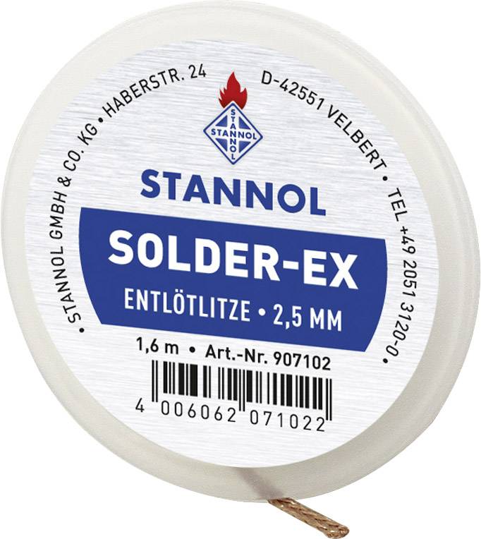 Odsávací pájka Stannol, průměr 2,5 mm, délka 1,6 m. Název produktu 'SOLDER-EX', katalogové číslo 907102. Včetně údajů výrobce včetně adresy a kontaktu.