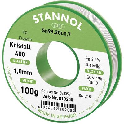 Cívka pájky značky 'Stannol' o hmotnosti 100g, průměru 1mm. Slitina: Sn99,3Cu0,7. Tavidlo: 2,2%, třída: RE L0. Vyrobeno v Německu.