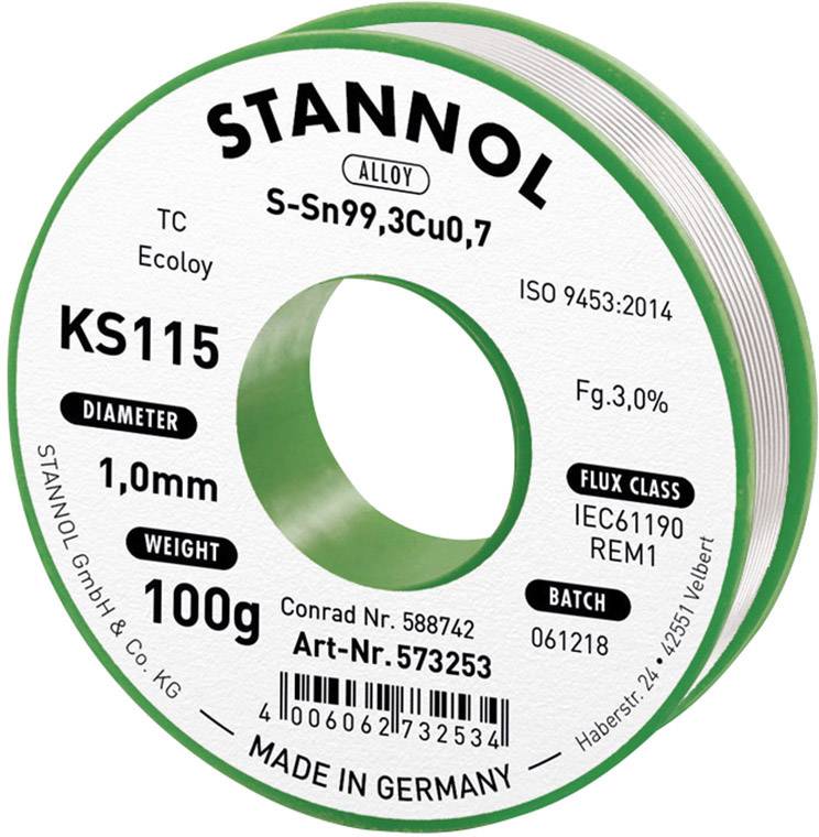 Stannol KS115 bezolovnatý pájecí cín cívka Sn99,3Cu0,7 ROM1 100 g 1 mm