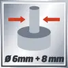 Diagram znázorňuje válcovitý kolík o průměru 6 mm, který zapadá do 8mm adaptéru. Červené šipky označují připojení.