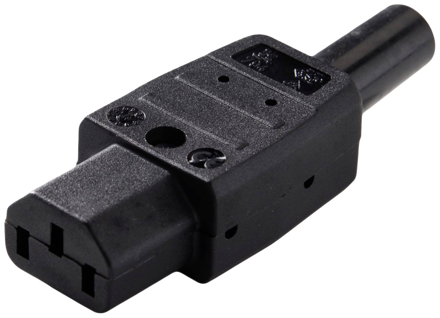 Černá elektrická zástrčka obdélníkového tvaru, se dvěma otvory a kulatým koncem.