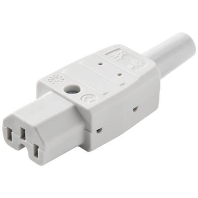 Šedý elektrický konektor se dvěma paralelními kovovými kontakty a kruhovým vstupem pro kabel, umístěný před bílým pozadím.