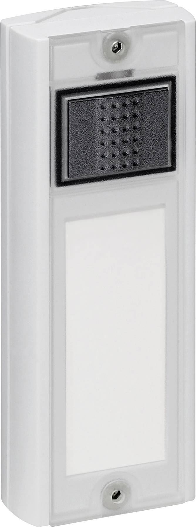Bílý zvonek se šedým tlačítkem a obdélníkovým jmenovkou pod ním.