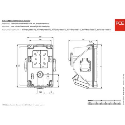 Kresba zobrazuje technický nákres nástěnné zásuvky se šikmou montážní podstavou. Rozměry a připojení jsou detailně vyobrazeny.