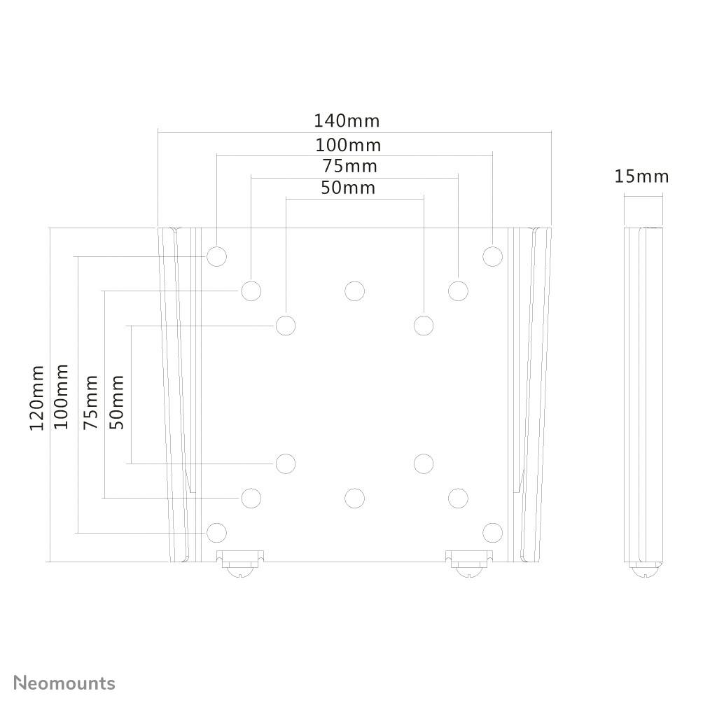 Technický výkres nástěnného držáku s rozměry: šířka 140 mm, výška 120 mm, hloubka 15 mm. Zobrazeny různé vzdálenosti montážních otvorů.