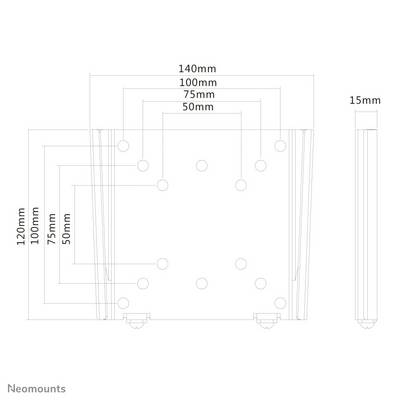Technický výkres nástěnného držáku s rozměry: šířka 140 mm, výška 120 mm, hloubka 15 mm. Zobrazeny různé vzdálenosti montážních otvorů.