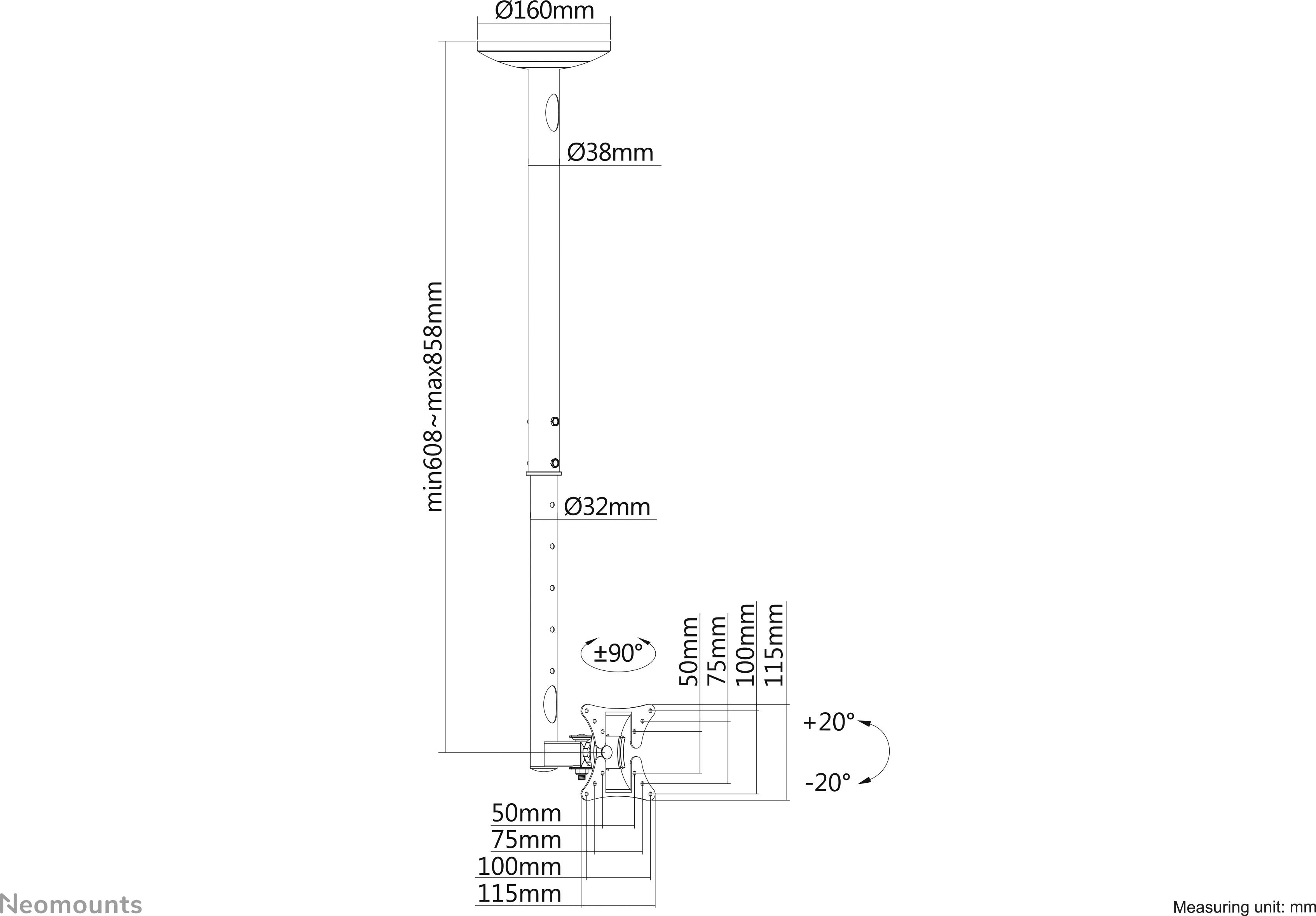 Diagram nastavitelného stropního držáku; výška 608-858 mm, průměr: 38 mm nahoře, 32 mm dole. Rozsah úhlu: +/-20°.