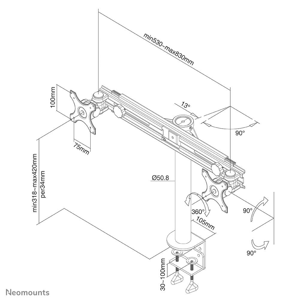 Technický výkres nastavitelného monitorového ramene s rozměry: výška 100 mm, šířka 530-830 mm, hloubka 131-320 mm.
