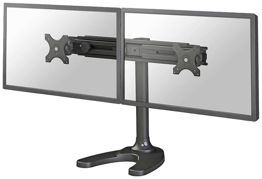 Dva propojené držáky monitorů na stojanu, bez monitorů, pro dual-screen sestavy. Stabilní základna s nastavitelnými rameny.