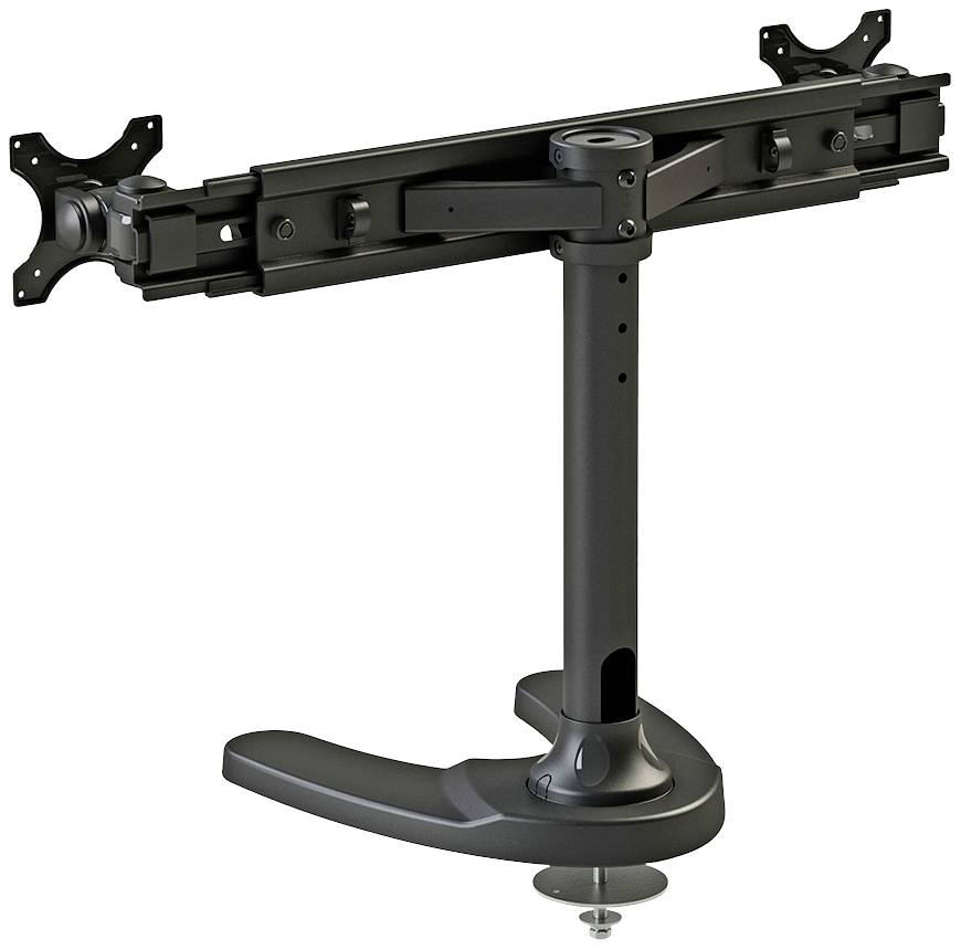 Černený nastavitelný držák monitoru se dvěma uchyceními pro více obrazovek, upevněný na robustní podstavě.