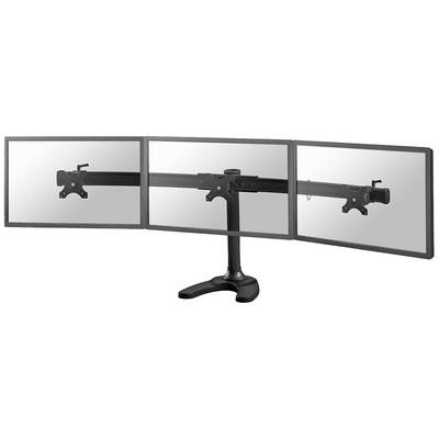 Tři počítačové monitory umístěné vedle sebe na nastavitelném rameni, bez zobrazeného obrazu nebo obsahu.