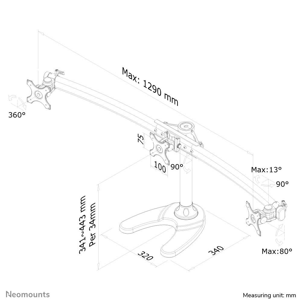 Držák monitoru s nastavitelným ramenem, maximální délka 1290 mm. Otočný až o 360°, sklopný až do 80°. Základna 320 x 340 mm.