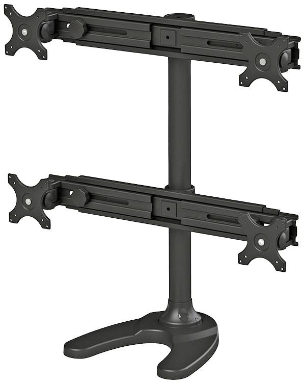 Černený stojan na dva monitory s vertikálními držáky, stabilní základnou a nastavitelnými rameny pro flexibilní uspořádání obrazovek.