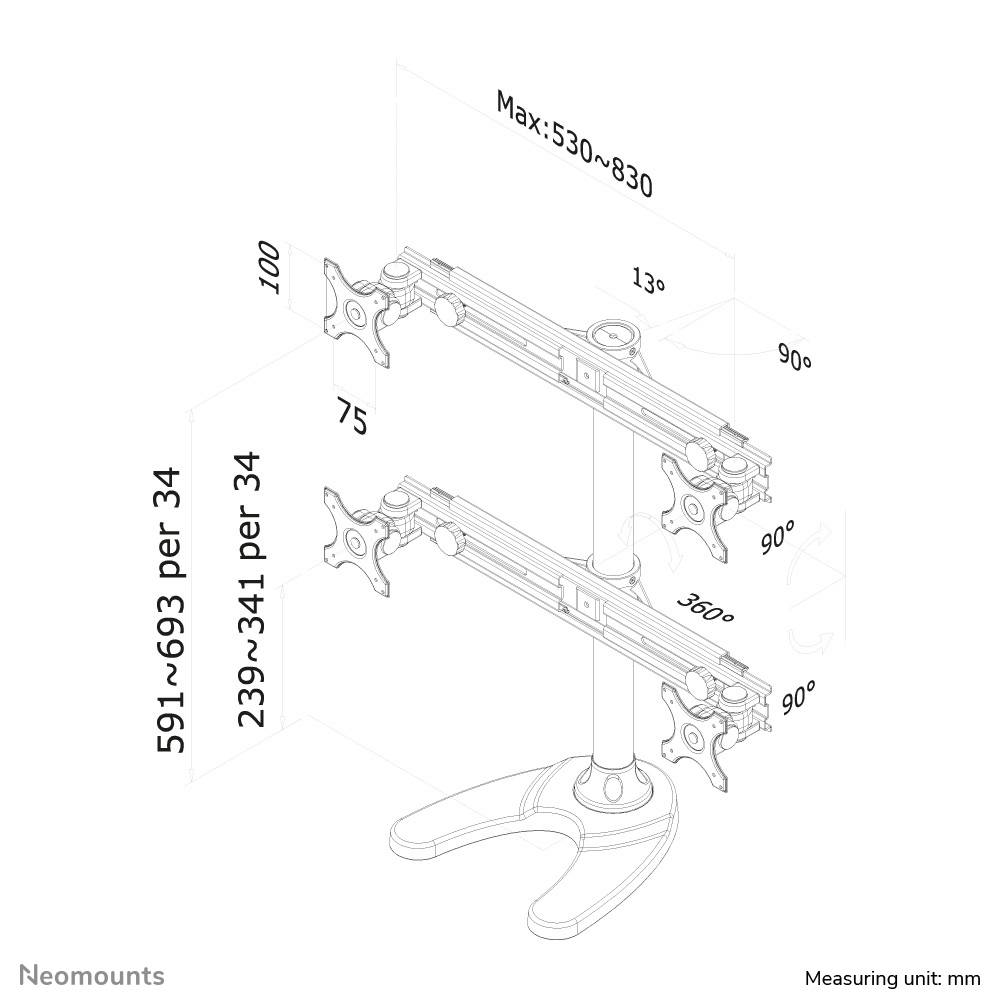 Stolní držák na dva monitory s nastavitelnou výškou 591-693 mm a 239-341 mm, maximální šířka 530-830 mm, náklon až 90°, otočný o 360°.