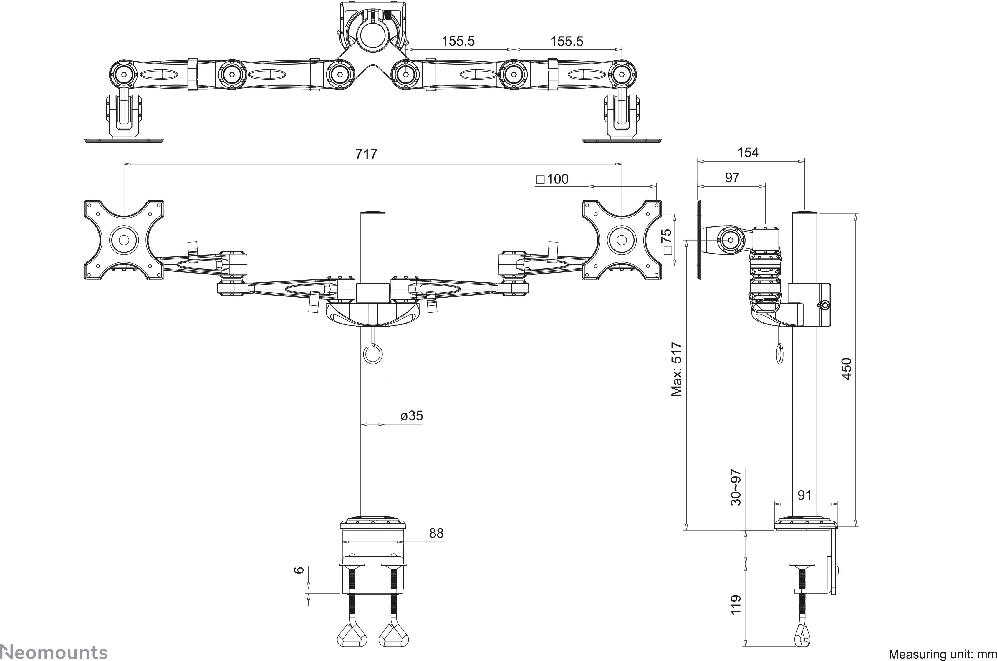 Technický výkres držáku monitoru. Detaily zobrazují rozměry v milimetrech a různé pohledy na design držáku.