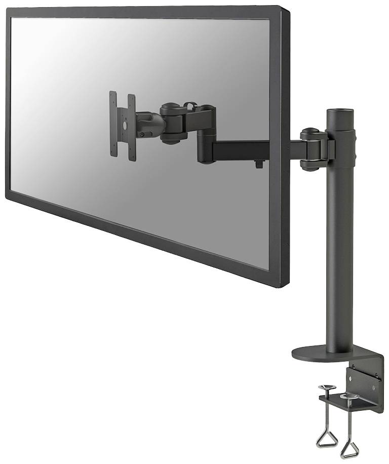Černé rameno monitoru s klouby, upevněné na okraji stolu, nese obrazovku. Ideální pro flexibilní umístění displeje.