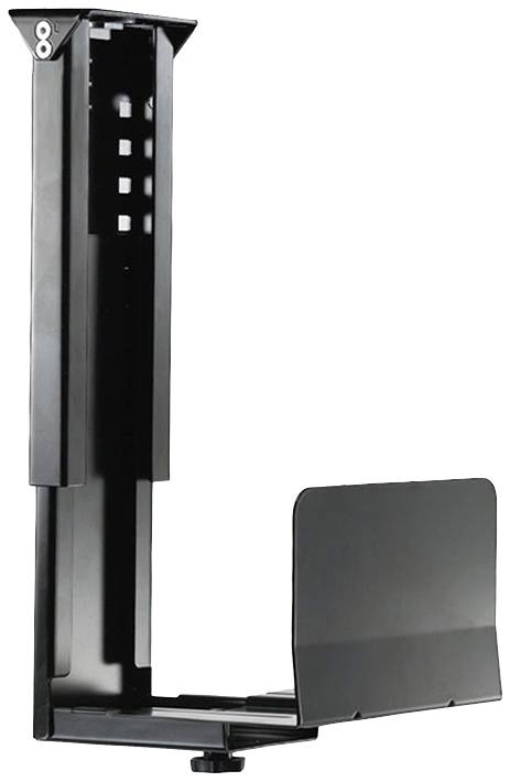 Černý držák na počítačovou skříň, určený k vertikální montáži. Vhodný pro umístění a uložení PC věží pod stoly.