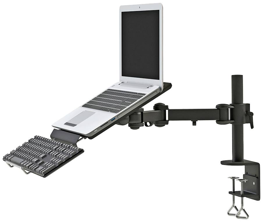Držák na notebook s podložkou klávesnice, upevněný na psacím stole. Nastavitelný pro ergonomickou práci s integrovaným vedením kabelů.
