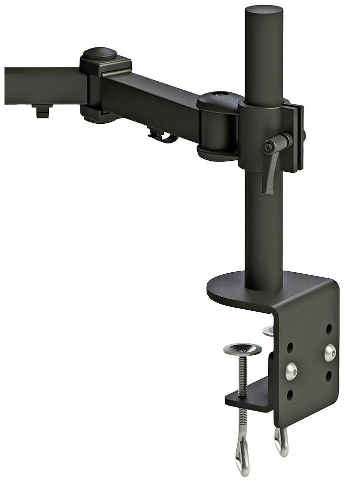 Černený držák monitoru se svorkou pro upevnění na stůl. Držák má nastavitelné rameno a montážní desku.