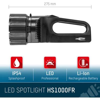 Černý LED reflektor s rukojetí, krytí IP54, dobíjecí lithium-iontová baterie, délka 275 mm.