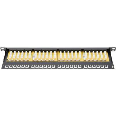 Patch panel s několika žlutými porty pro organizaci kabeláže, vhodný pro síťové nebo telekomunikační aplikace.