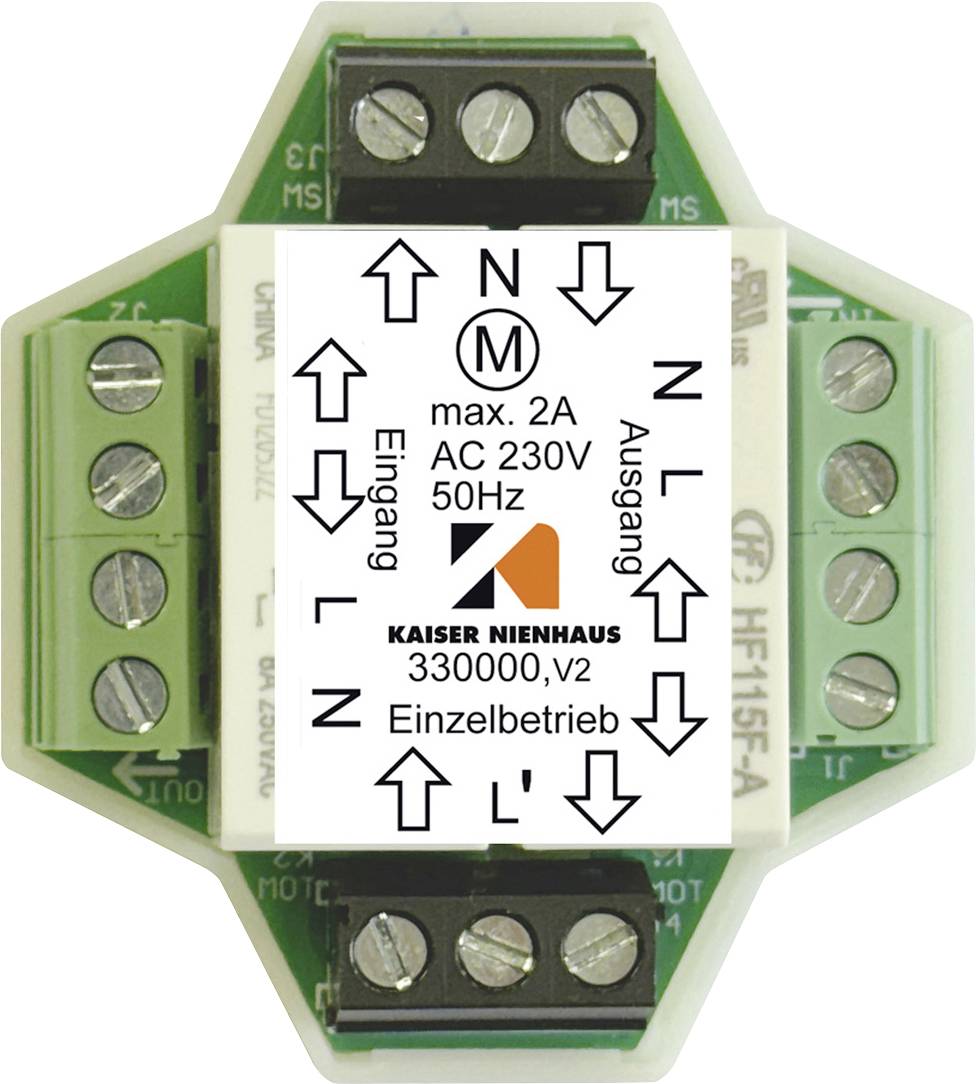 Relé modul Kaiser Nienhaus 330000, v2 ukazuje možnosti připojení pro vstup a výstup, max. 2A, AC 230V, 50Hz, samostatný provoz.