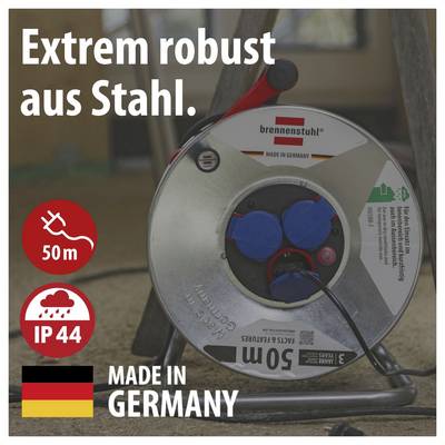 Robustní ocelový kabel Brennenstuhl s délkou 50 m, třída IP44 a „Made in Germany"; produktová fotografie se německým slibem kvality.
