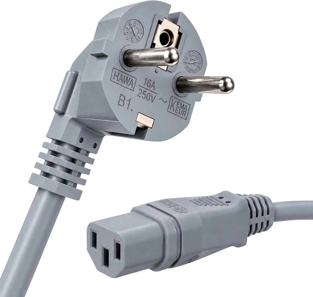 Šedý evropský napájecí kabel se uzemněnou zástrčkou a konektorem IEC, označený HAWA 16A 250V, s textem „vyrobeno v Německu" a grafickou vlajkou Německa.