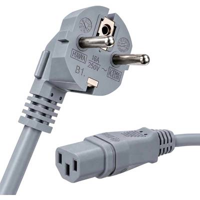 Šedý evropský napájecí kabel se uzemněnou zástrčkou a konektorem IEC, označený HAWA 16A 250V, s textem „vyrobeno v Německu" a grafickou vlajkou Německa.