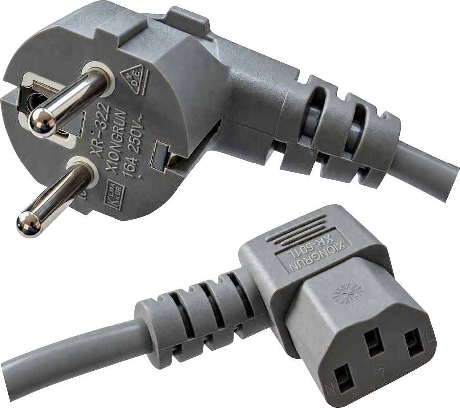 Šedý evropský dvoupólový kabel se zástrčkou a odpovídající zásuvka zobrazené na bílém pozadí.