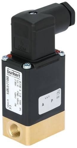 Černý elektromagnetický ventil od firmy Bürkert s mosaznou přípojkou a štítkem s technickými údaji umístěným na boku.