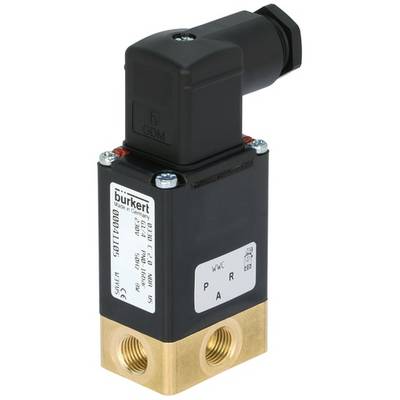 Elektromagnetický ventil s černým krytem a mosazným připojením, označený štítkem 'burkert' a technickými specifikacemi.