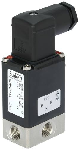 Elektrický magnetický ventil vyrobený z černého a stříbrného kovu s připojovacími body nahoře a dole, používaný v průmyslových aplikacích.