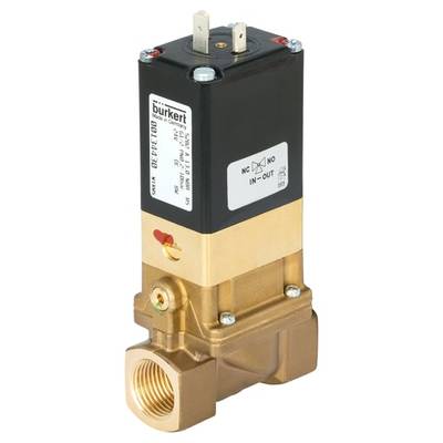 Elektromagnetický ventil od firmy Bürkert s mosazným tělesem a černým nástavcem, vhodný pro použití v systémech řízení tekutin.